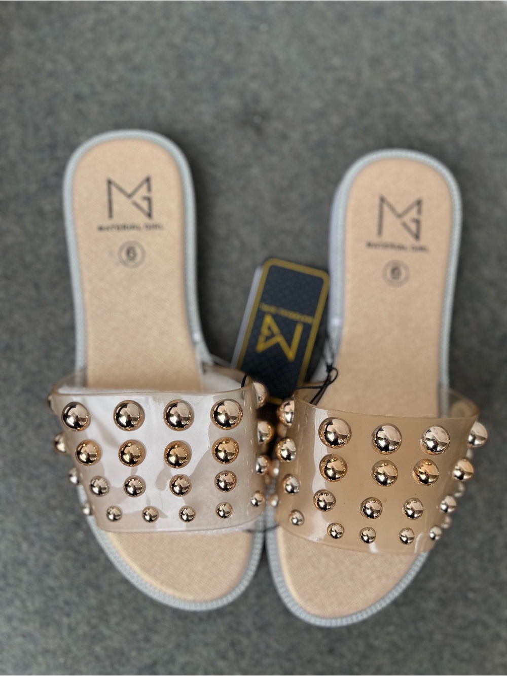 Material Girl Nude and Clear Studded Slide Sandals